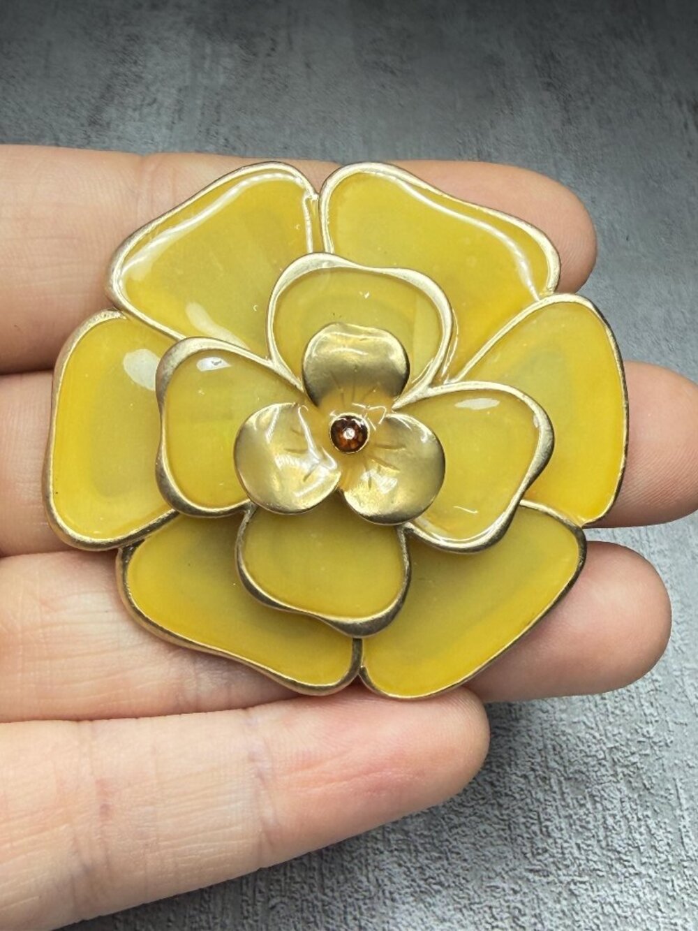 Flower Brooch Yellow Layered Petals Rhinestone Center Vintage Pin 2 inches